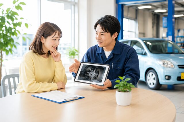 車検の追加費用を整備士に相談している女性