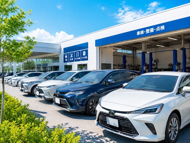 中古車が並ぶ、認証工場の風景