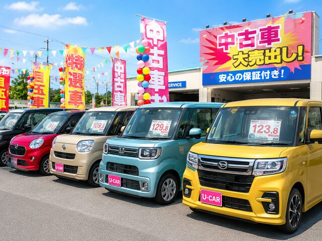 中古車大売出しの賑やかな販売店