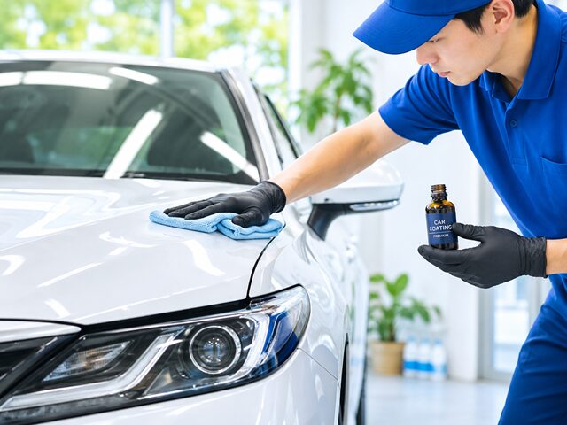 車のコーティング作業をする男性